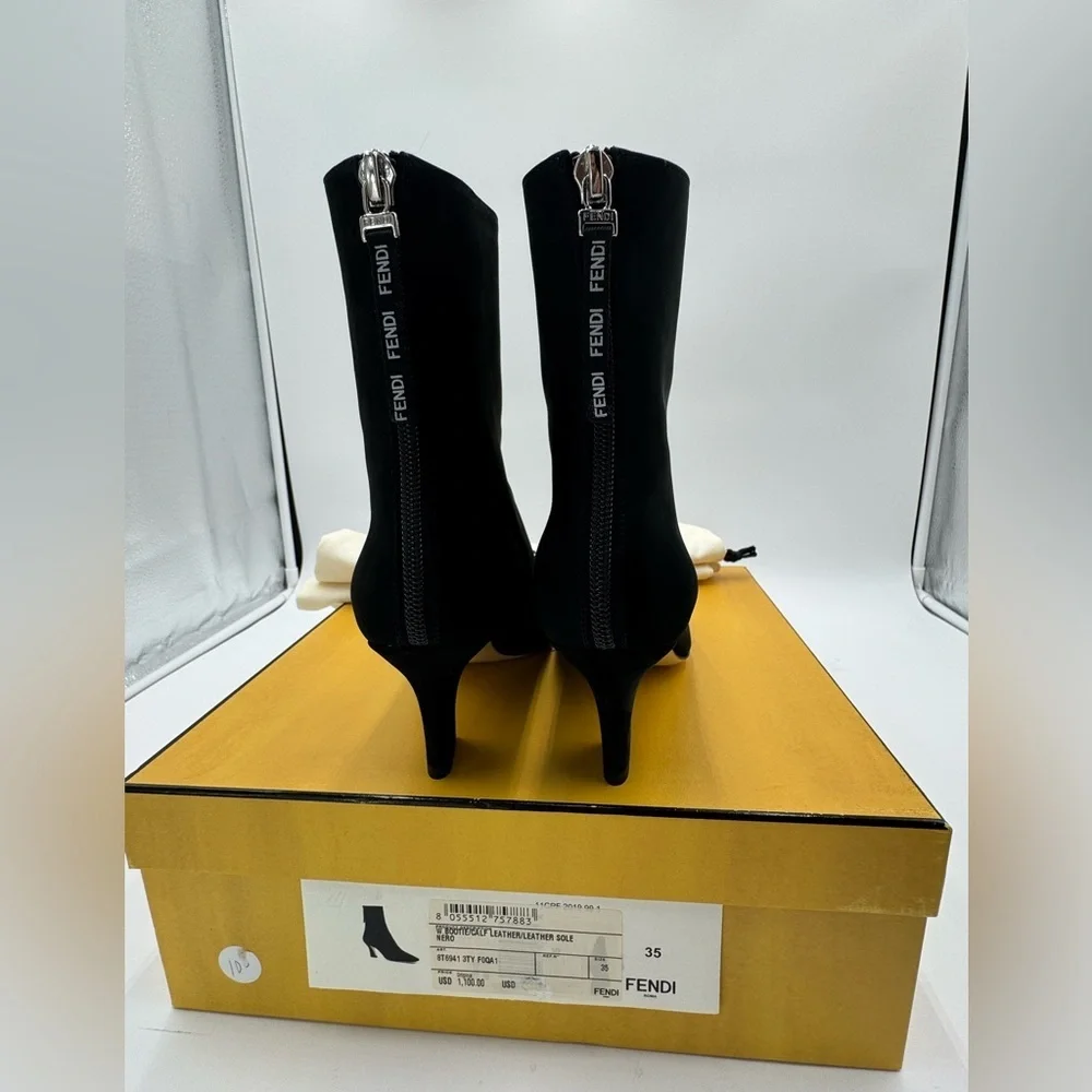 Fendi Black Suede Ankle Boots Logo Zip Heel Booties NWT Box IT 35 - Picture 16 of 17